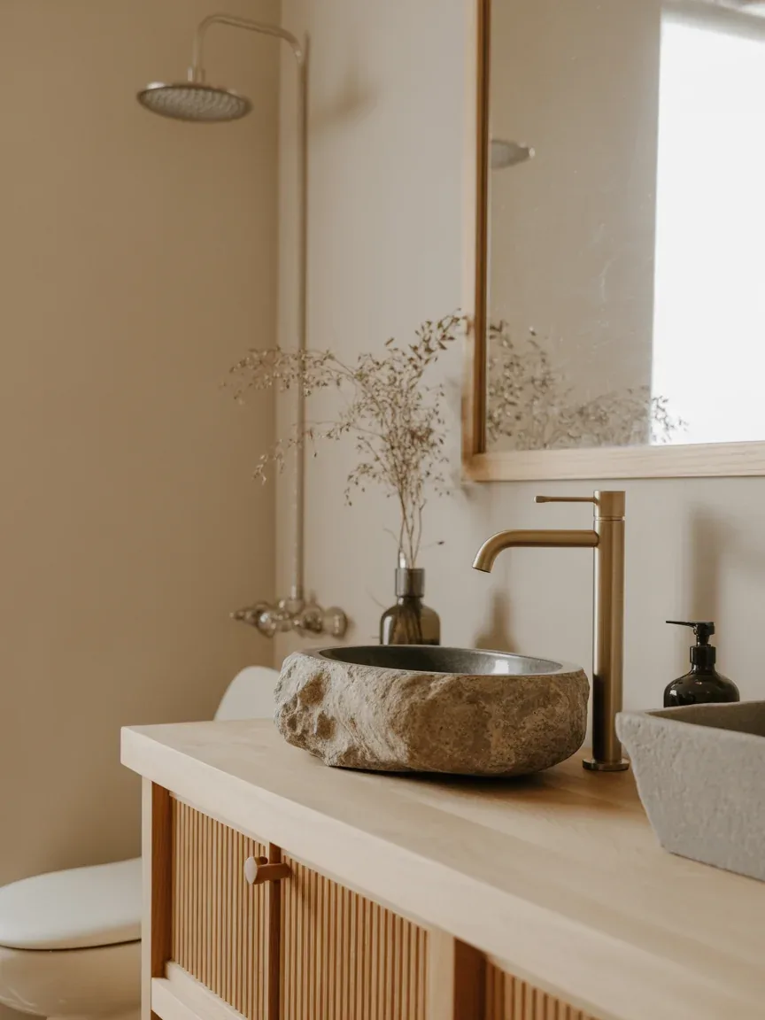 9. Japandi Bathroom With Muted Gold Accents 9. Japandi Bathroom With Muted Gold Accents