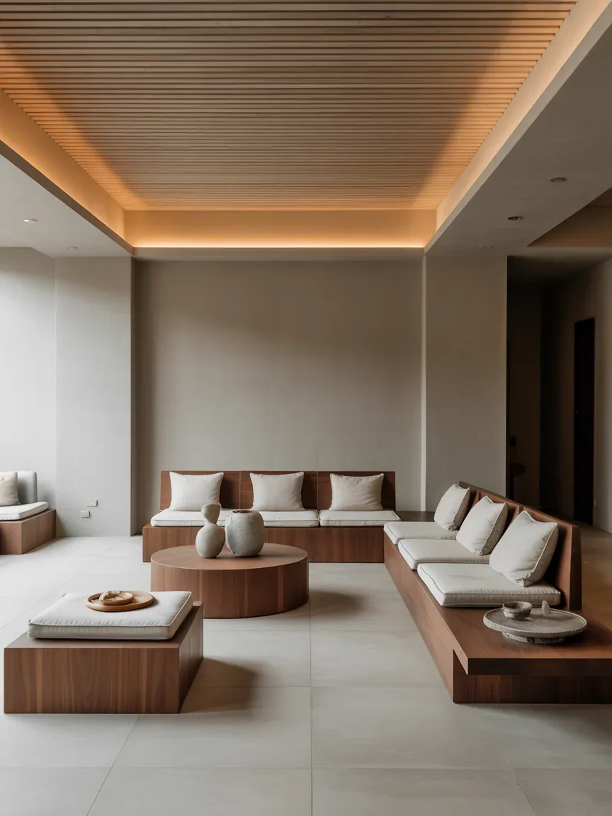 8. Japandi Lounge With Recessed Wood Cove Ceiling 8. Japandi Lounge With Recessed Wood Cove Ceiling
