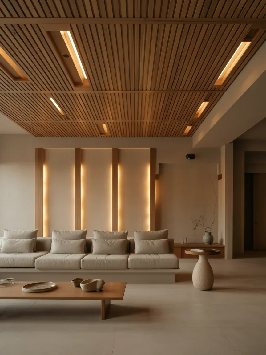 10. Japandi Lounge With Soft Wooden Ceiling Accents 10. Japandi Lounge With Soft Wooden Ceiling Accents