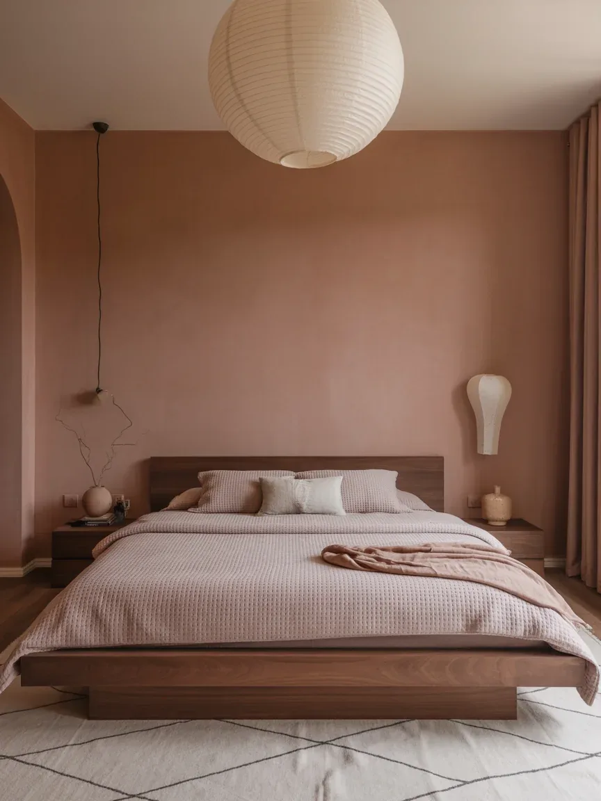 6. Japandi Pink Bedroom With Natural Textures 6. Japandi Pink Bedroom With Natural Textures