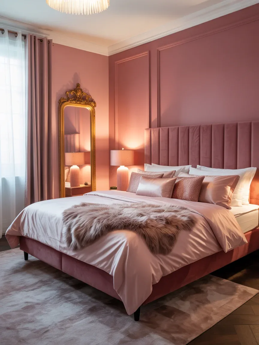 10. Layered Luxe Bedroom With Pink Velvet Details 10. Layered Luxe Bedroom With Pink Velvet Details
