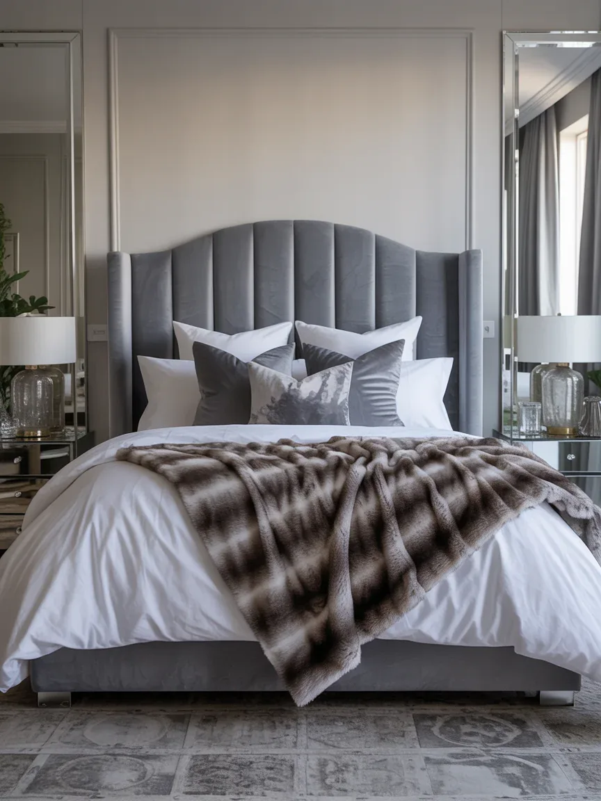 9. Layered Luxe Bedroom With Plush Gray Textures 9. Layered Luxe Bedroom With Plush Gray Textures