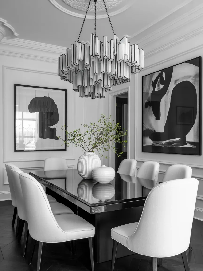 11. Luxe Black-and-White Dining Room With Statement Chandeliers 11. Luxe Black-and-White Dining Room With Statement Chandeliers