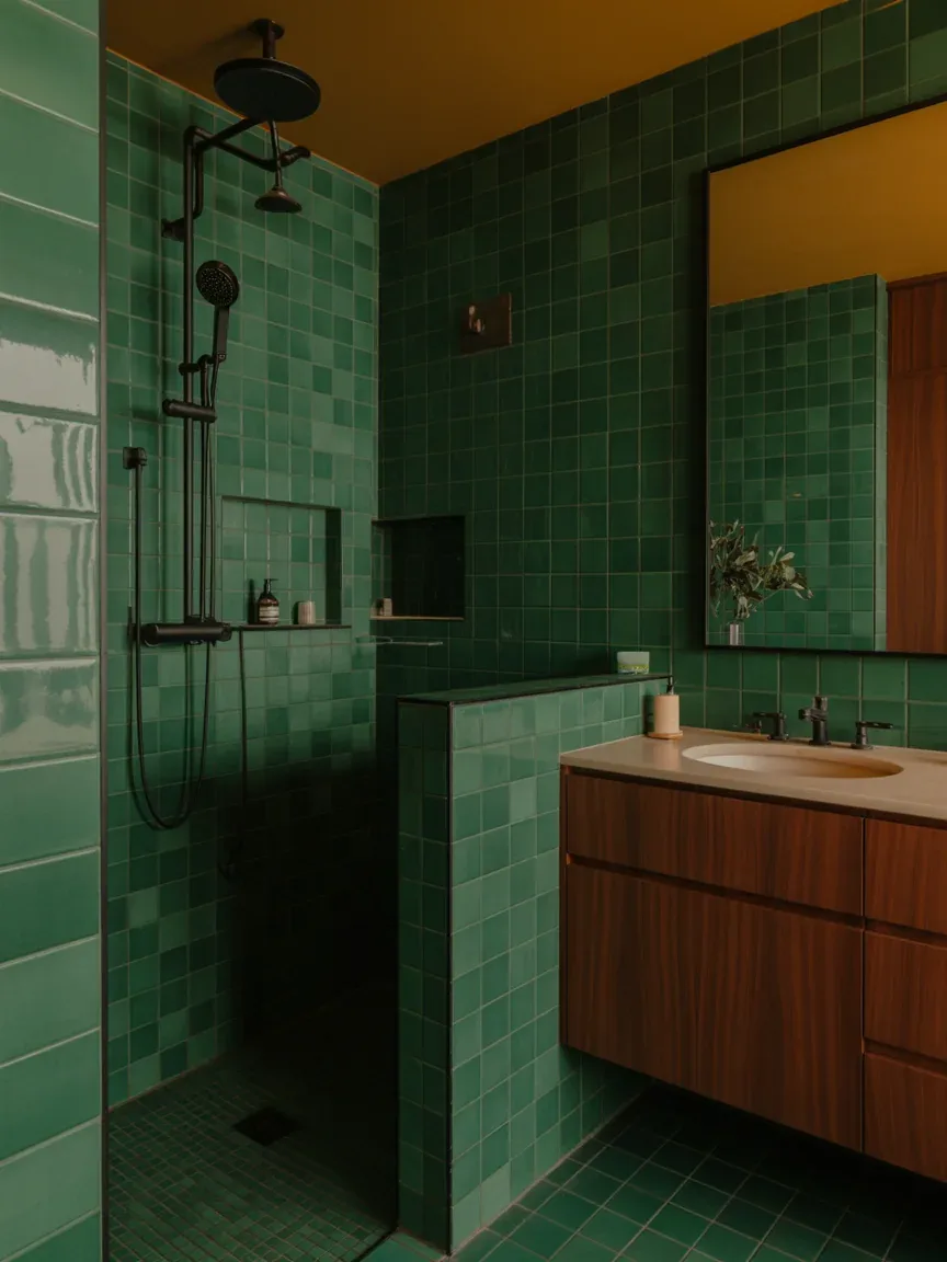 13. Luxe Green Bathroom With Black Fixtures 13. Luxe Green Bathroom With Black Fixtures