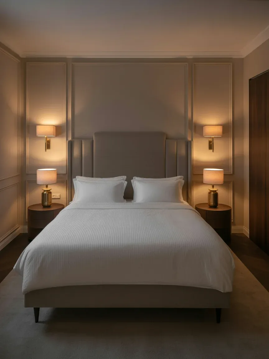 12. Luxe Hotel-Inspired Bedroom With Symmetry 12. Luxe Hotel-Inspired Bedroom With Symmetry