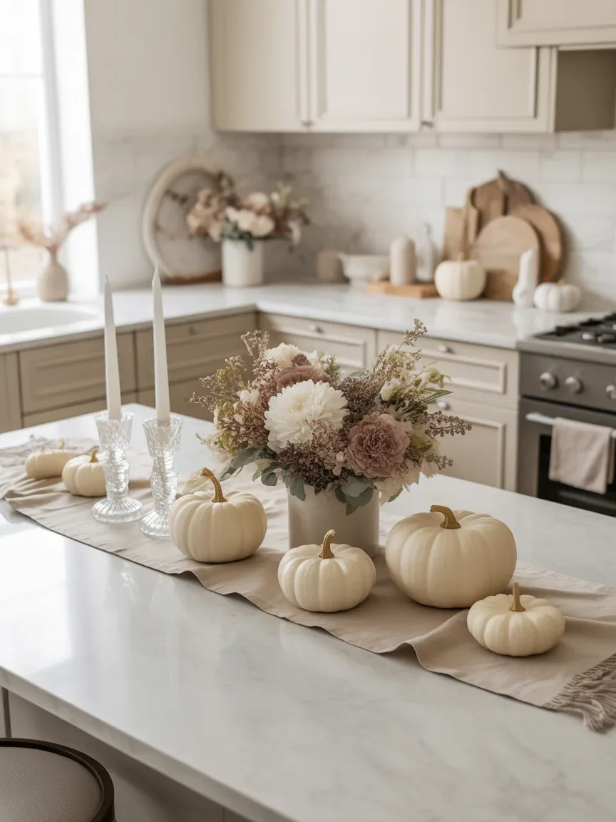 15. Luxe Marble Island With Soft Neutral Fall Styling 15. Luxe Marble Island With Soft Neutral Fall Styling