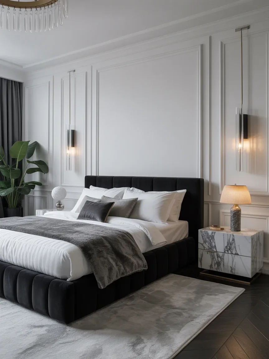 15. Luxury Marble-Inspired Monochrome Bedroom 15. Luxury Marble-Inspired Monochrome Bedroom