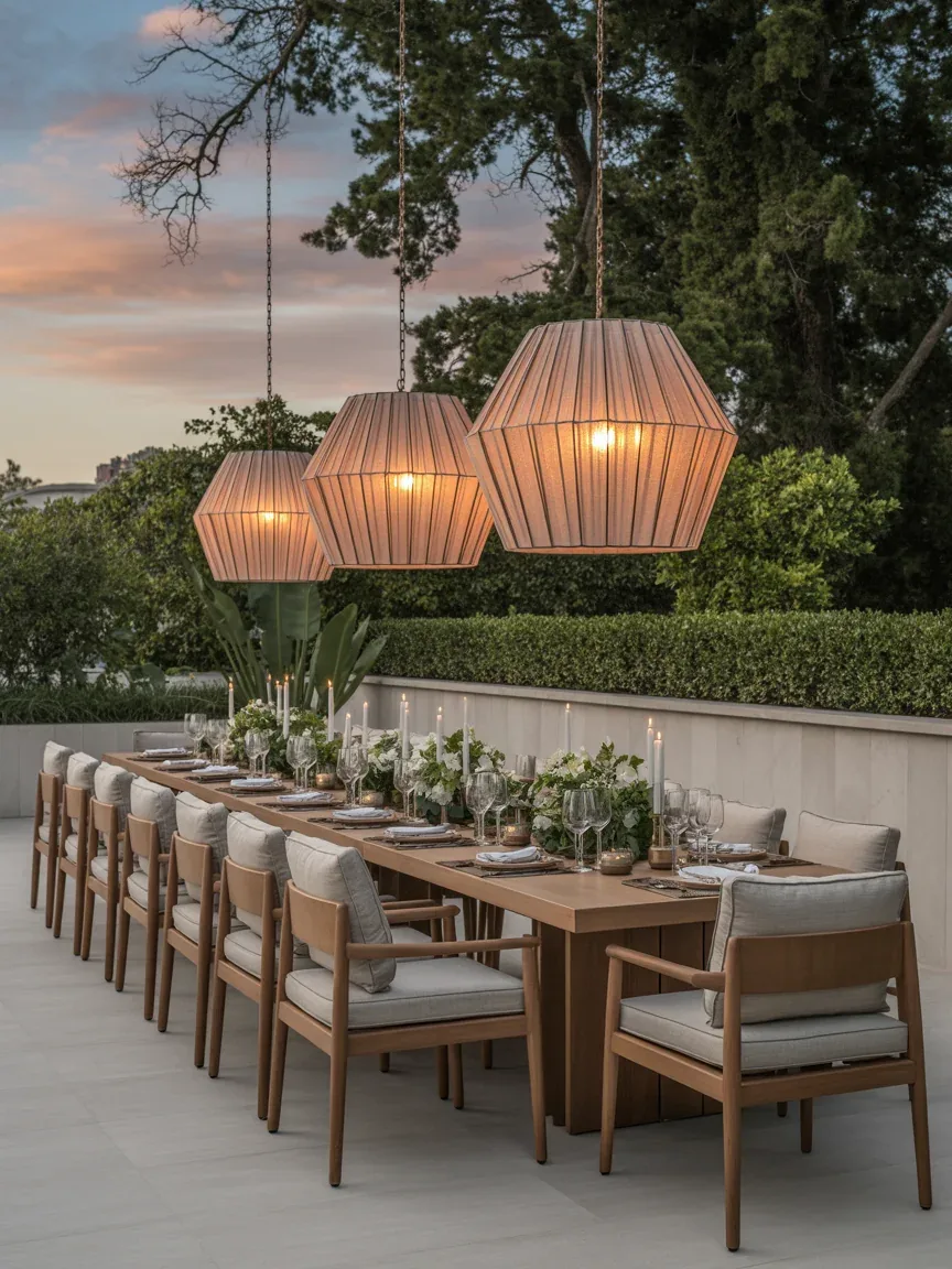 11. Luxury Outdoor Dining Space With Statement Lighting 11. Luxury Outdoor Dining Space With Statement Lighting