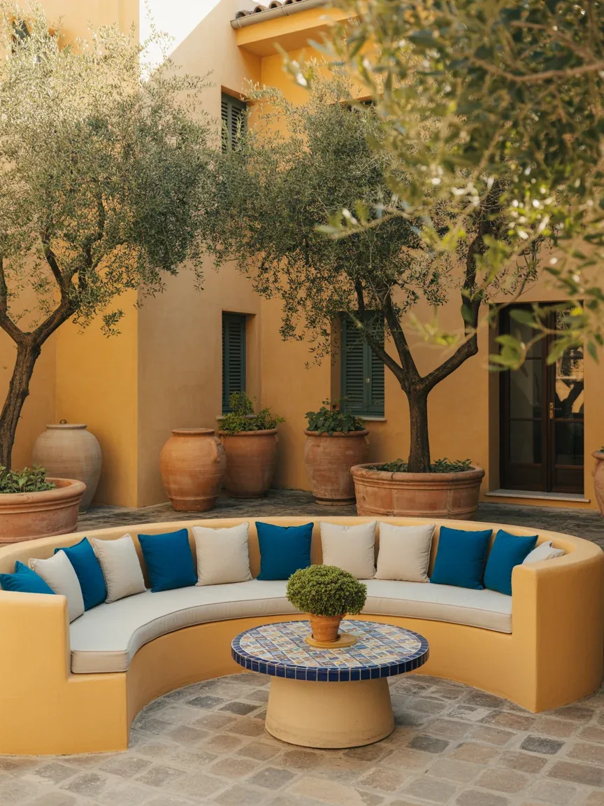 15. Mediterranean Courtyard With Curved Seating Areas 15. Mediterranean Courtyard With Curved Seating Areas
