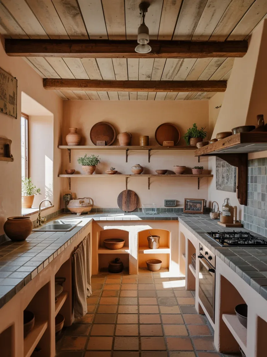 15. Mediterranean Kitchen With Rustic Wood Plank Ceilings 15. Mediterranean Kitchen With Rustic Wood Plank Ceilings