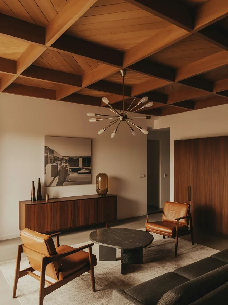6. Mid-Century Modern Lounge With Geometric Wood Ceilings 6. Mid-Century Modern Lounge With Geometric Wood Ceilings