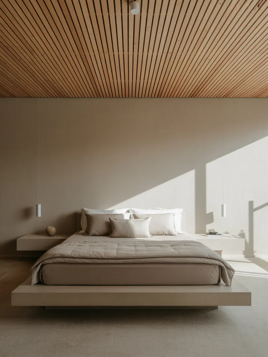11. Minimalist Bedroom With Thin Pine Slat Ceilings 11. Minimalist Bedroom With Thin Pine Slat Ceilings