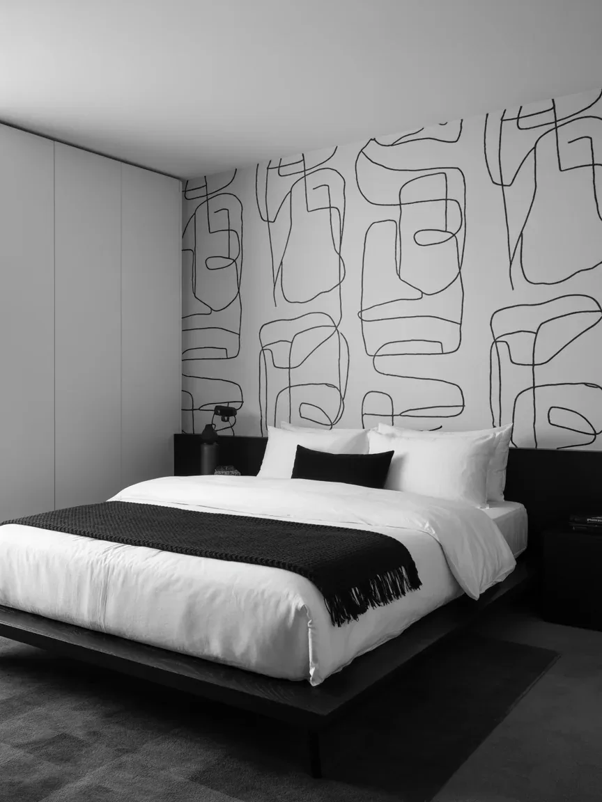 4. Minimalist Black-and-White Bedroom With Line Art Wallpaper 4. Minimalist Black-and-White Bedroom With Line Art Wallpaper