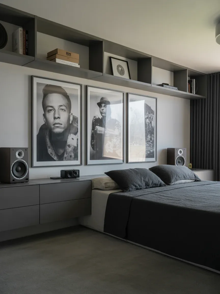 6. Minimalist Music Studio With Black-and-White Posters 6. Minimalist Music Studio With Black-and-White Posters