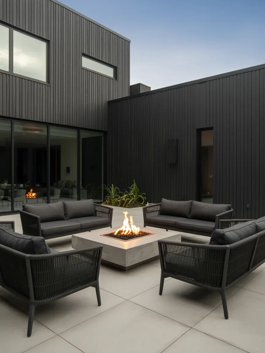 2. Modern Black Metal Patio With Fire Pit Seating 2. Modern Black Metal Patio With Fire Pit Seating