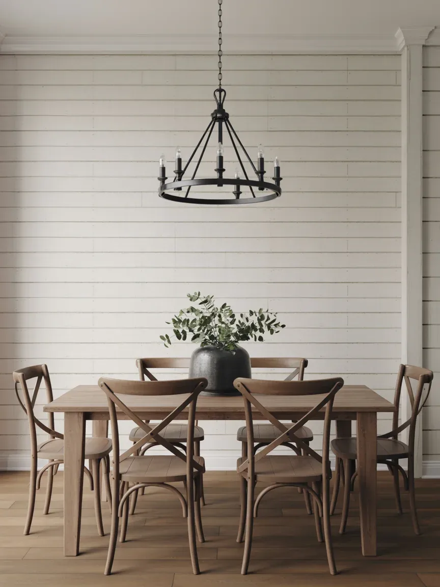 14. Modern Farmhouse Dining Space With Shiplap Wallpaper 14. Modern Farmhouse Dining Space With Shiplap Wallpaper