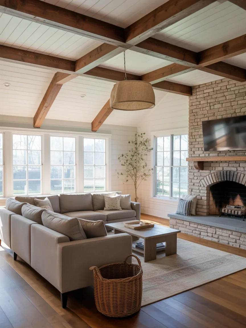 16. Modern Farmhouse Family Room With Cross Beam Ceilings 16. Modern Farmhouse Family Room With Cross Beam Ceilings