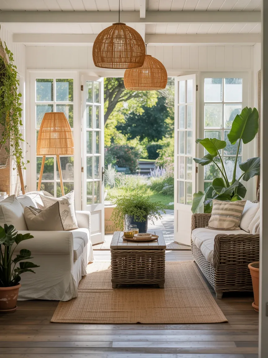 15. Modern Farmhouse Sunroom With Rattan Pendants 15. Modern Farmhouse Sunroom With Rattan Pendants