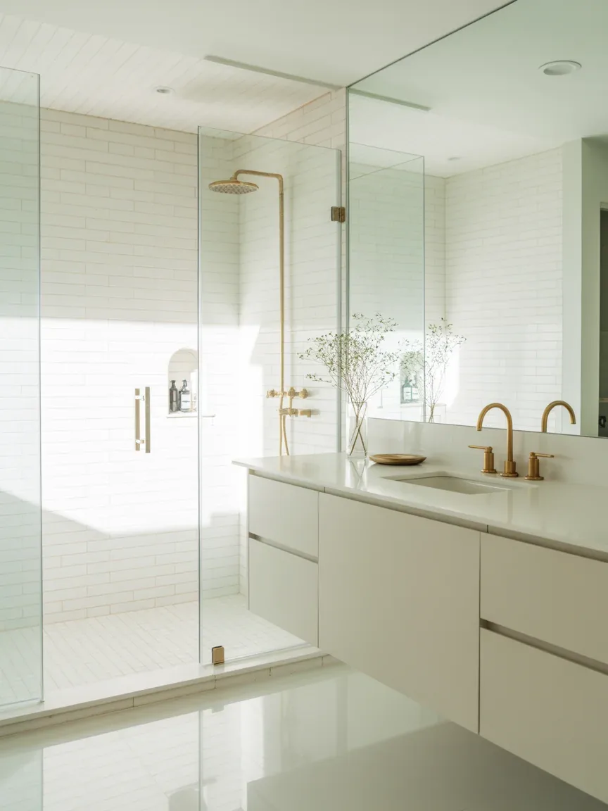 1. Modern White Spa Retreat With Brushed Gold Details 1. Modern White Spa Retreat With Brushed Gold Details