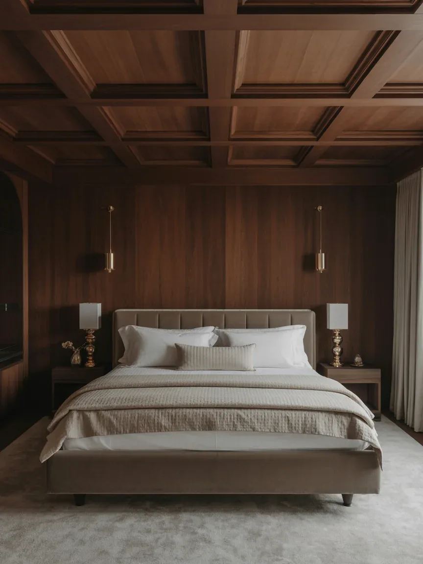 3. Moody Bedroom With Dark Walnut Coffered Ceilings 3. Moody Bedroom With Dark Walnut Coffered Ceilings