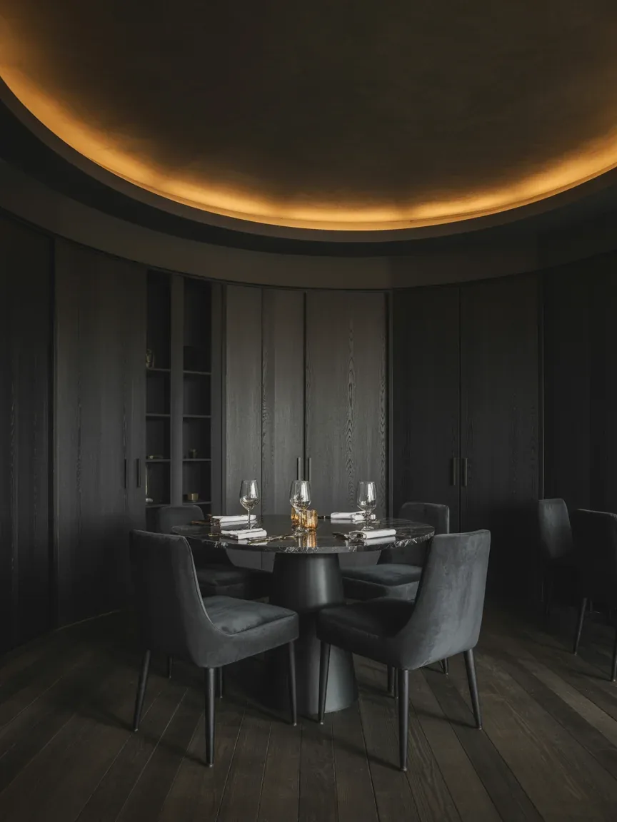 2. Moody Black Dining Room With Golden Cove Glow 2. Moody Black Dining Room With Golden Cove Glow