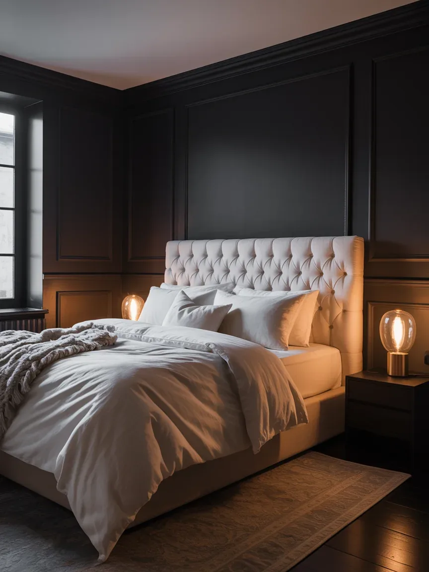3. Moody Black Wall Bedroom With Crisp White Layers 3. Moody Black Wall Bedroom With Crisp White Layers