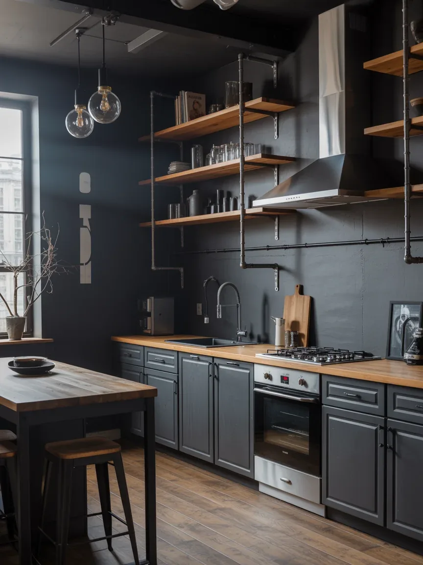 3. Moody Black-and-Wood Industrial Kitchen 3. Moody Black-and-Wood Industrial Kitchen