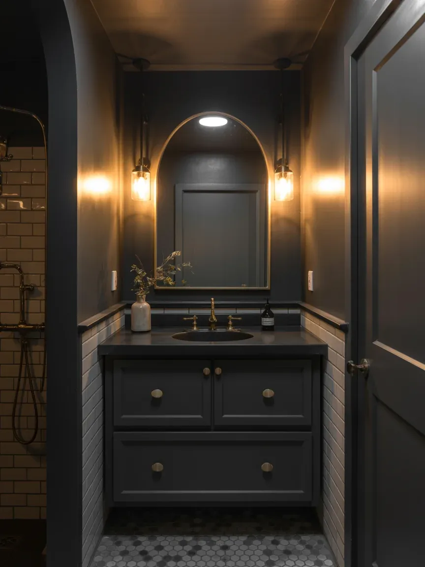2. Moody Charcoal Bathroom With Brass Details 2. Moody Charcoal Bathroom With Brass Details