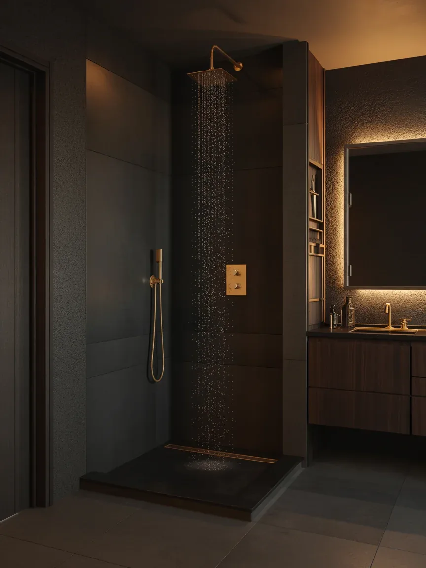 2. Moody Charcoal Bathroom With Gold Statement Fixtures 2. Moody Charcoal Bathroom With Gold Statement Fixtures