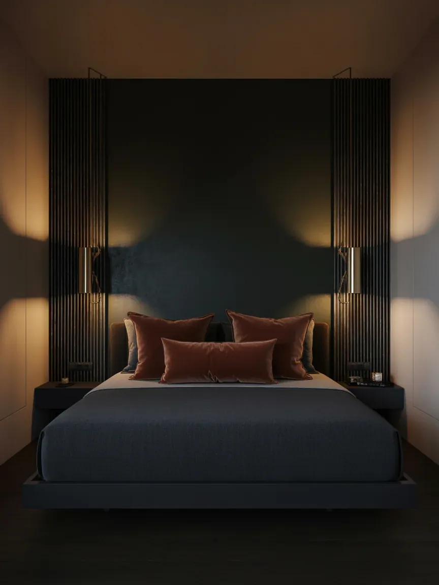 2. Moody Charcoal Bedroom With Brass Accents 2. Moody Charcoal Bedroom With Brass Accents