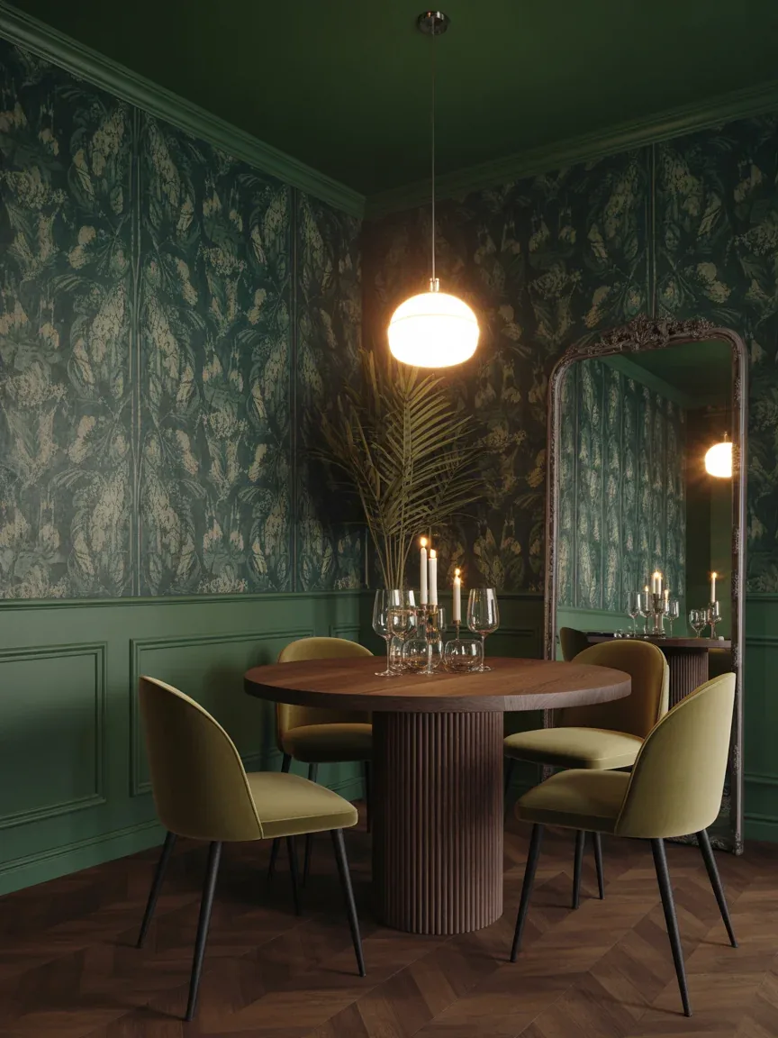 2. Moody Emerald Dining Corner With Vintage Botanical Prints 2. Moody Emerald Dining Corner With Vintage Botanical Prints