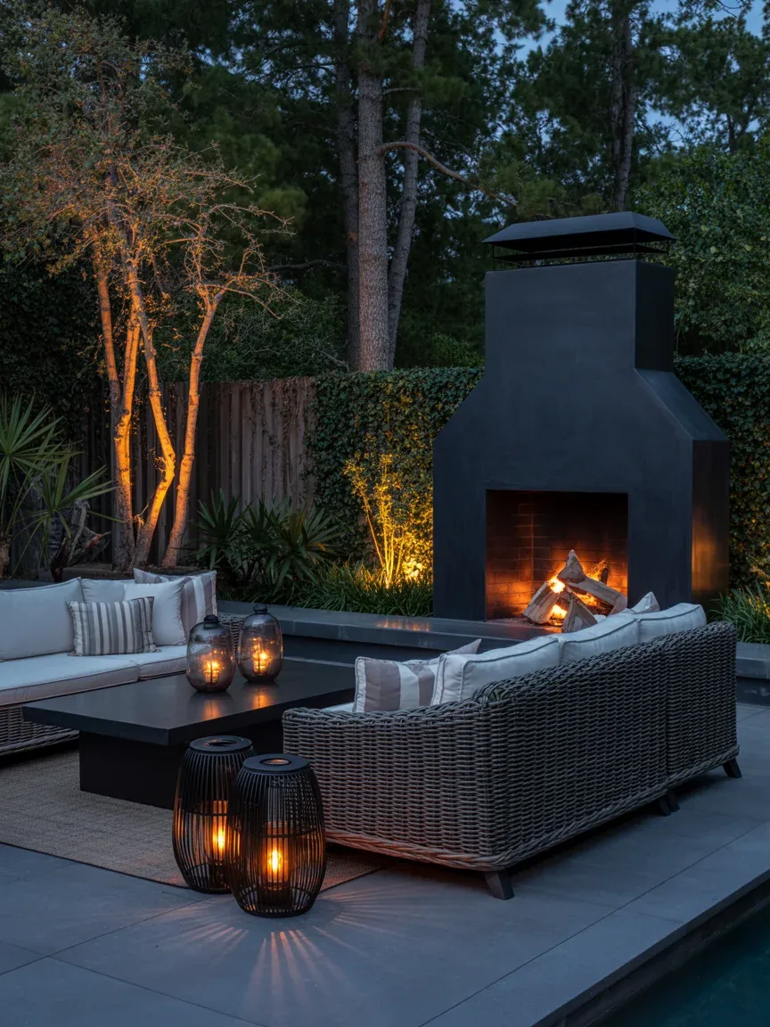 10. Moody Outdoor Lounge With Dramatic Lighting 10. Moody Outdoor Lounge With Dramatic Lighting