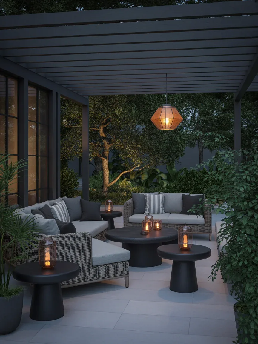 9. Moody Outdoor Lounge With Dramatic Lighting 9. Moody Outdoor Lounge With Dramatic Lighting