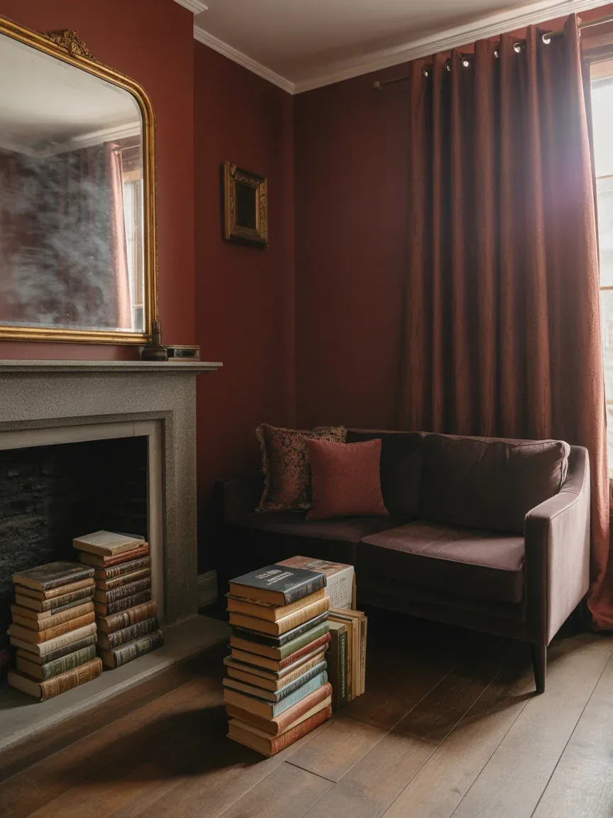 2. Moody Vintage Lounge With Deep Burgundy Walls 2. Moody Vintage Lounge With Deep Burgundy Walls