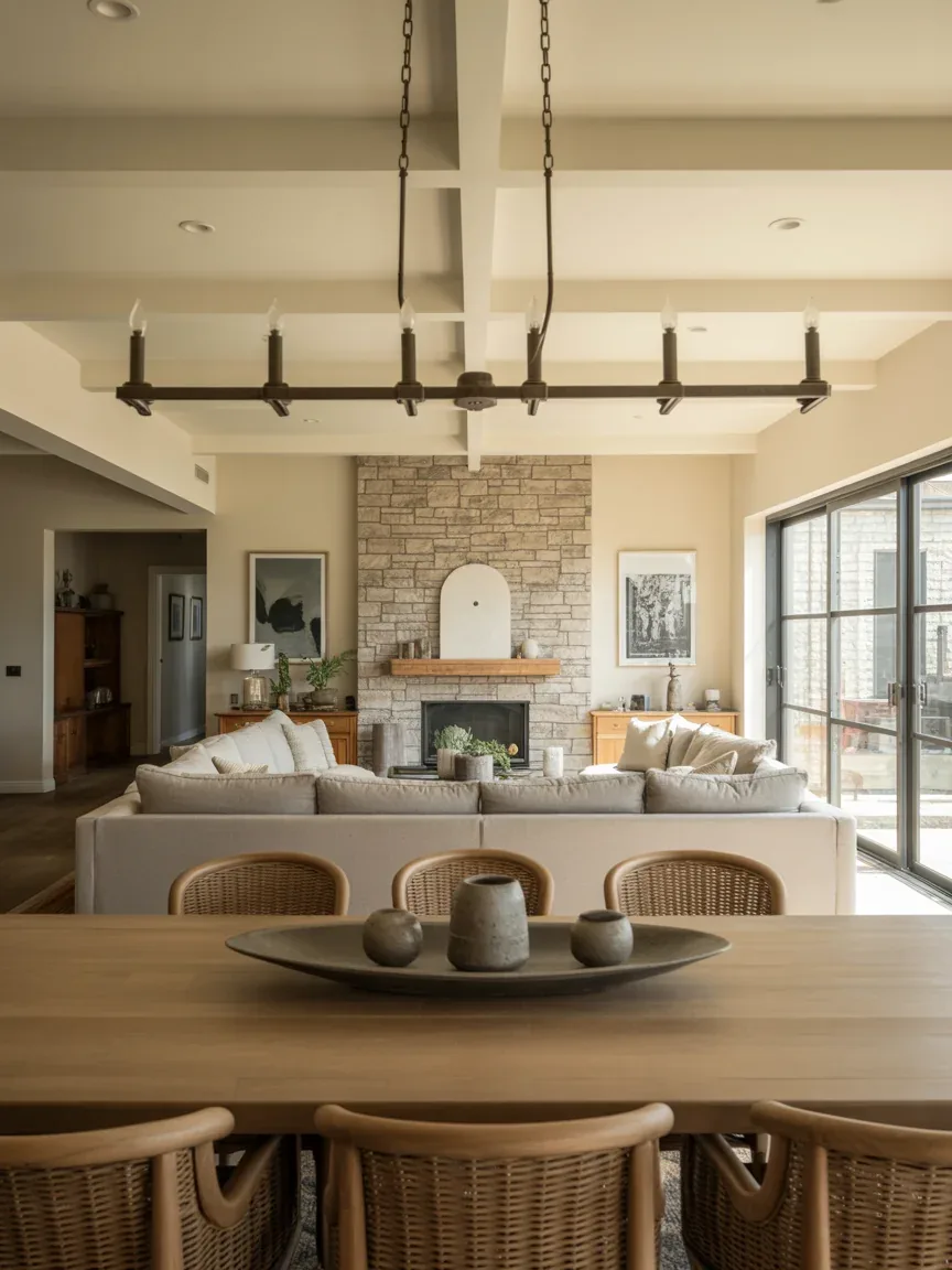 6. Open Concept Great Room With Linear Iron Chandelier 6. Open Concept Great Room With Linear Iron Chandelier