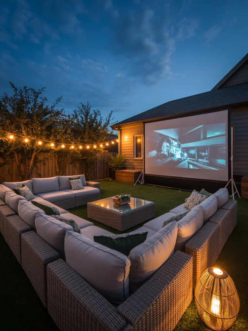 19. Outdoor Movie Lounge With Cozy Sectionals and String Lights 19. Outdoor Movie Lounge With Cozy Sectionals and String Lights
