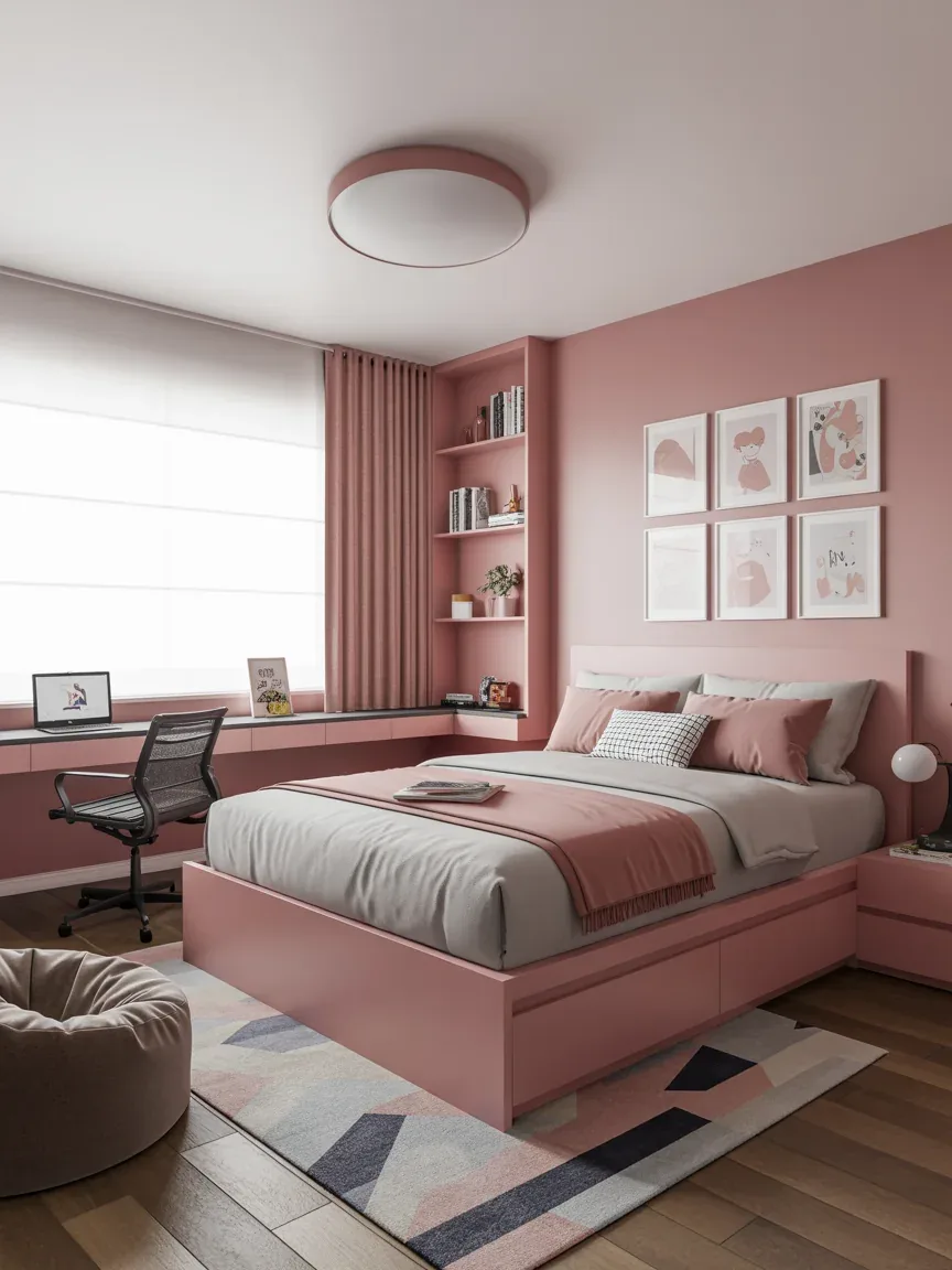 14. Pink Accent Wall Teen Bedroom With Cool Modern Energy 14. Pink Accent Wall Teen Bedroom With Cool Modern Energy