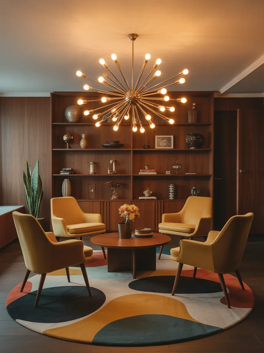 12. Retro Mid-Century Lounge With Sputnik Chandeliers 12. Retro Mid-Century Lounge With Sputnik Chandeliers