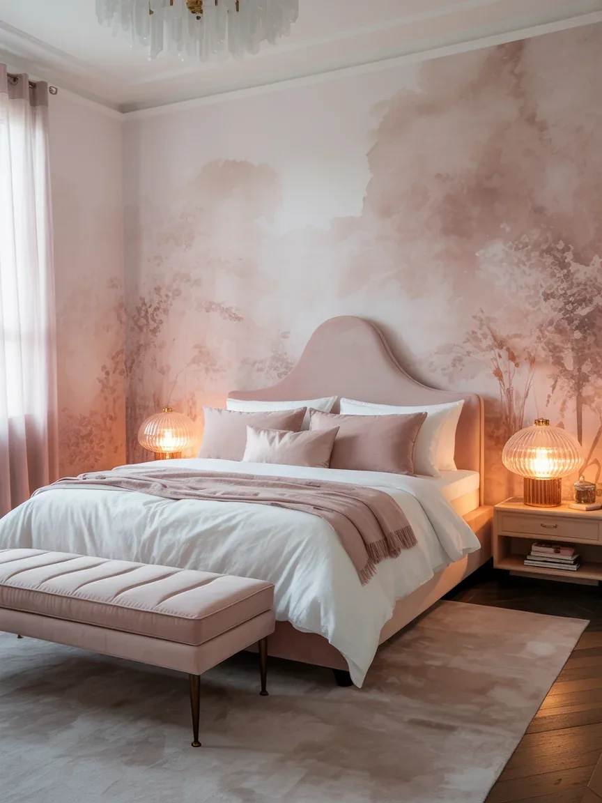 16. Romantic Blush Bedroom With Watercolor Wallpaper 16. Romantic Blush Bedroom With Watercolor Wallpaper