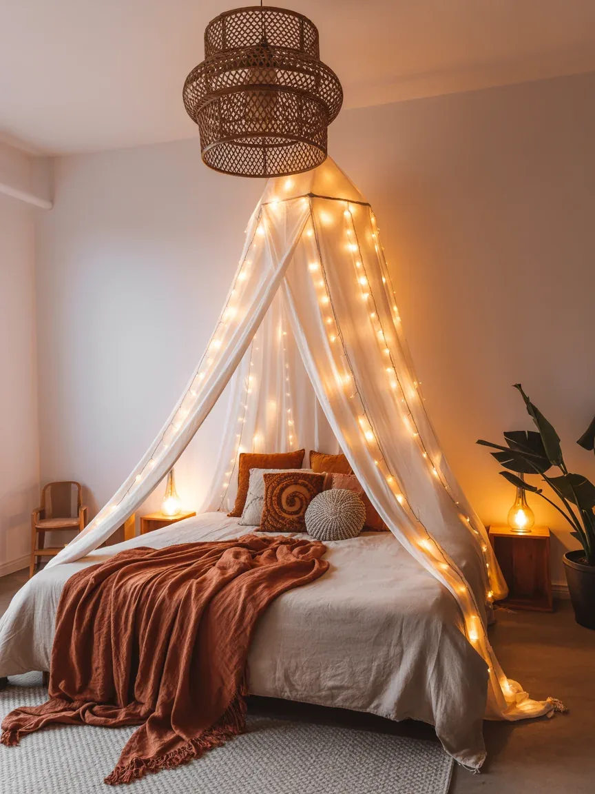 6. Romantic Boho Bedroom With Fairy Light Canopy 6. Romantic Boho Bedroom With Fairy Light Canopy