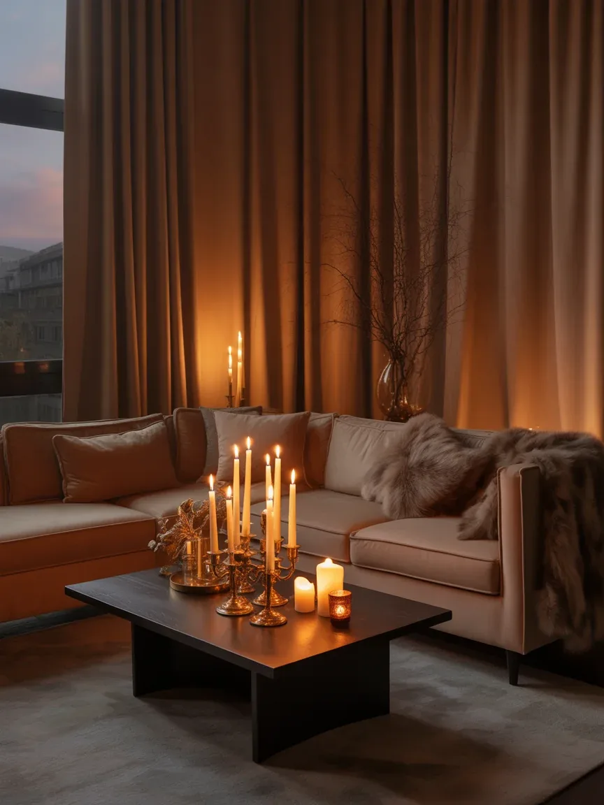 14. Romantic Candlelit Living Room With Velvet Details 14. Romantic Candlelit Living Room With Velvet Details