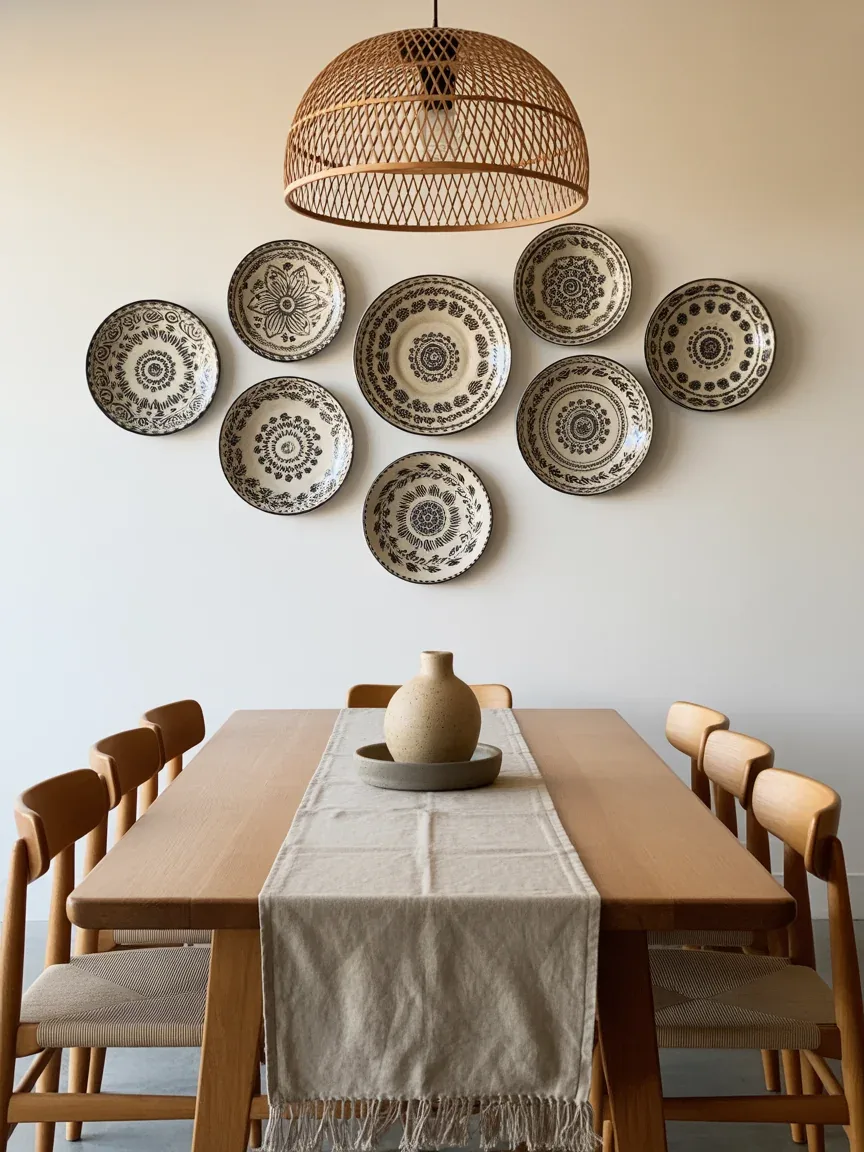 14. Rustic Boho Dining Space With Hanging Plates 14. Rustic Boho Dining Space With Hanging Plates