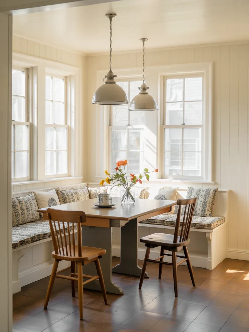 10. Rustic Breakfast Nook With Schoolhouse Pendants 10. Rustic Breakfast Nook With Schoolhouse Pendants