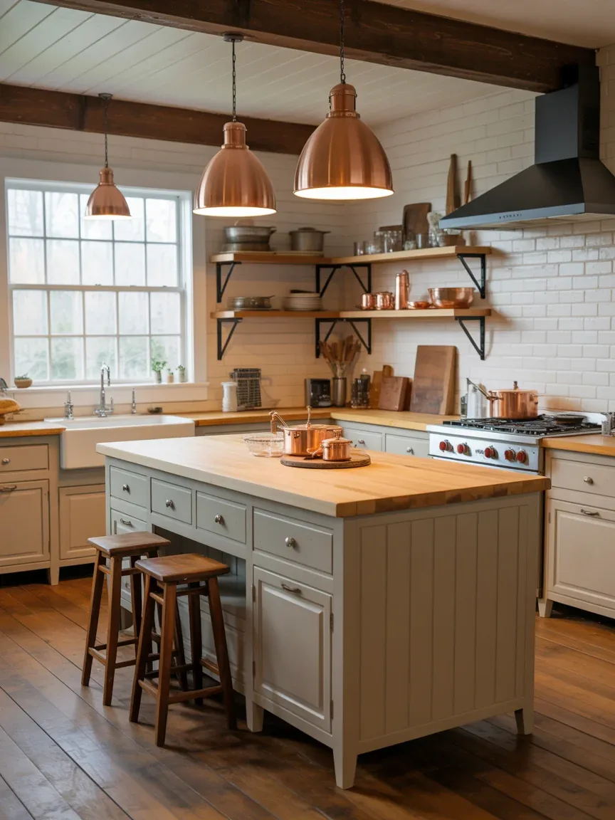 12. Rustic Cottage Kitchen With Copper Pendant Lights 12. Rustic Cottage Kitchen With Copper Pendant Lights