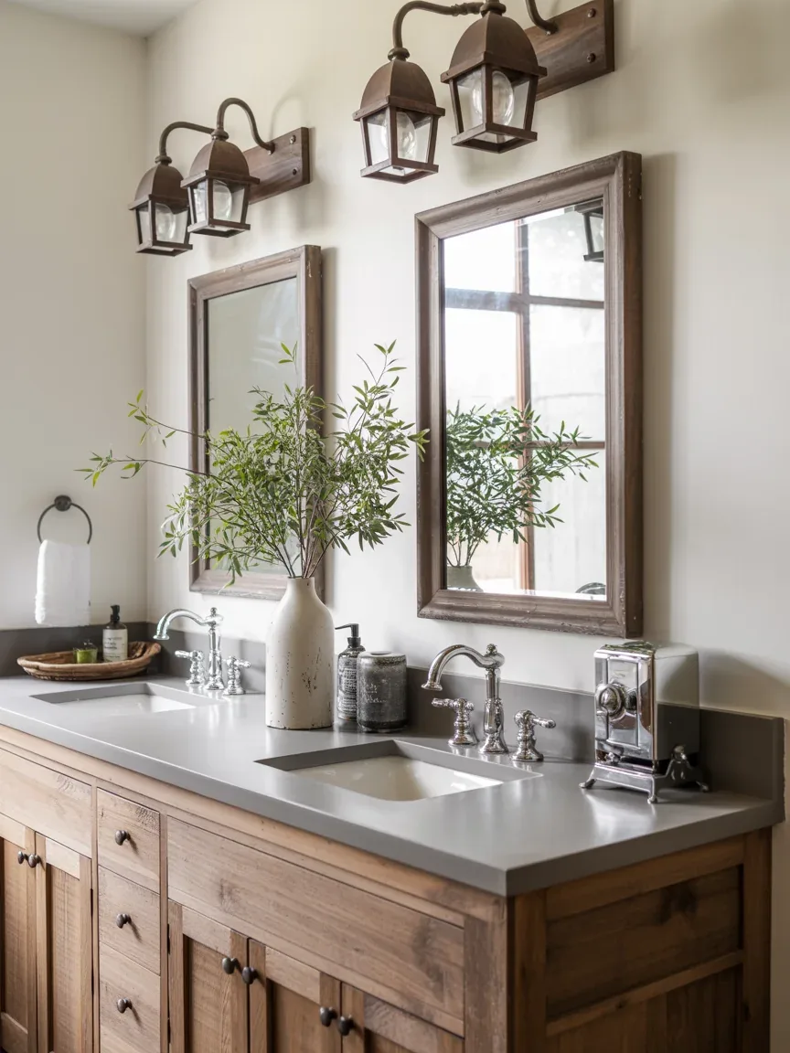 8. Rustic Farmhouse Bathroom With Iron Lantern Fixtures 8. Rustic Farmhouse Bathroom With Iron Lantern Fixtures