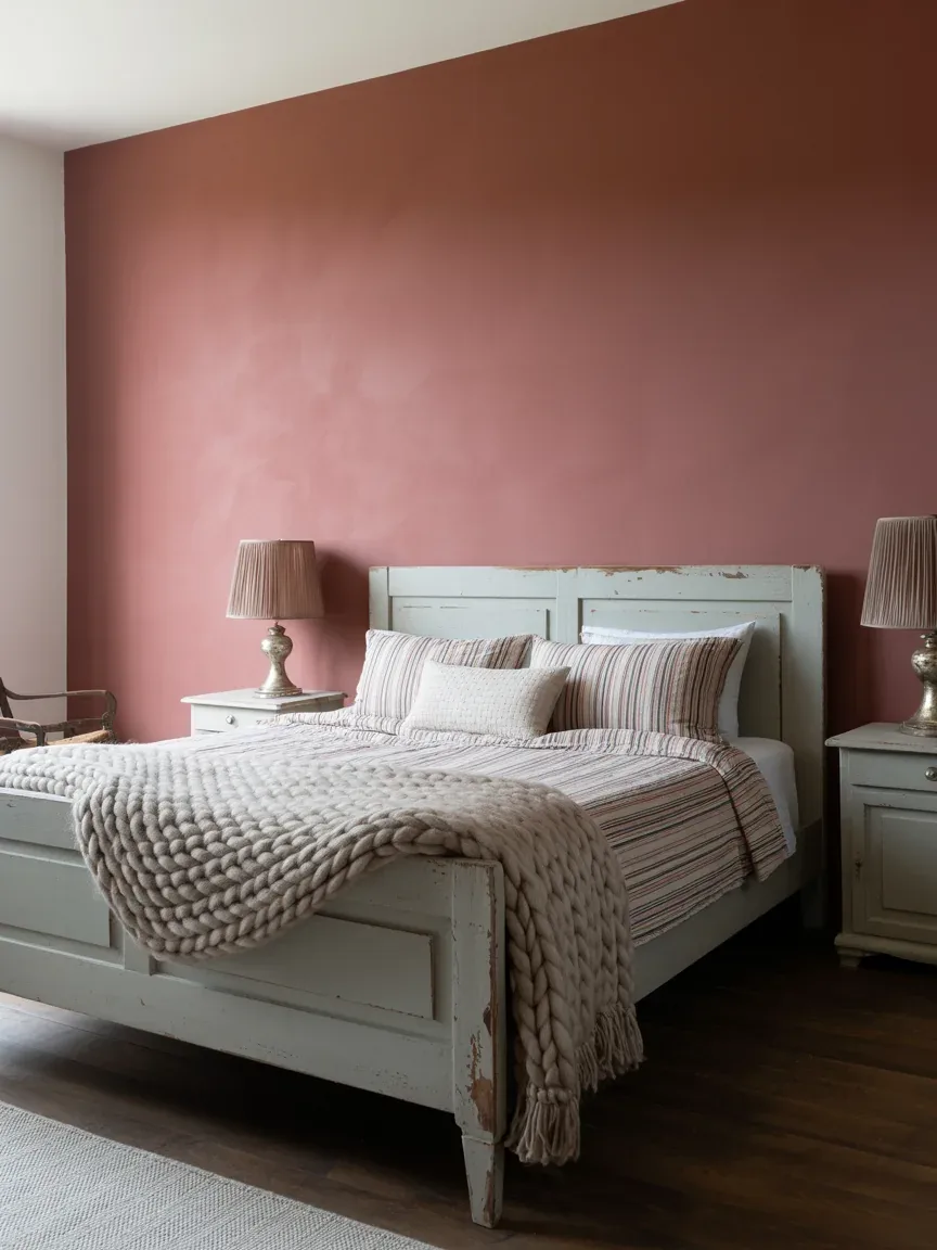 17. Rustic Farmhouse Bedroom With Soft Pink Walls 17. Rustic Farmhouse Bedroom With Soft Pink Walls
