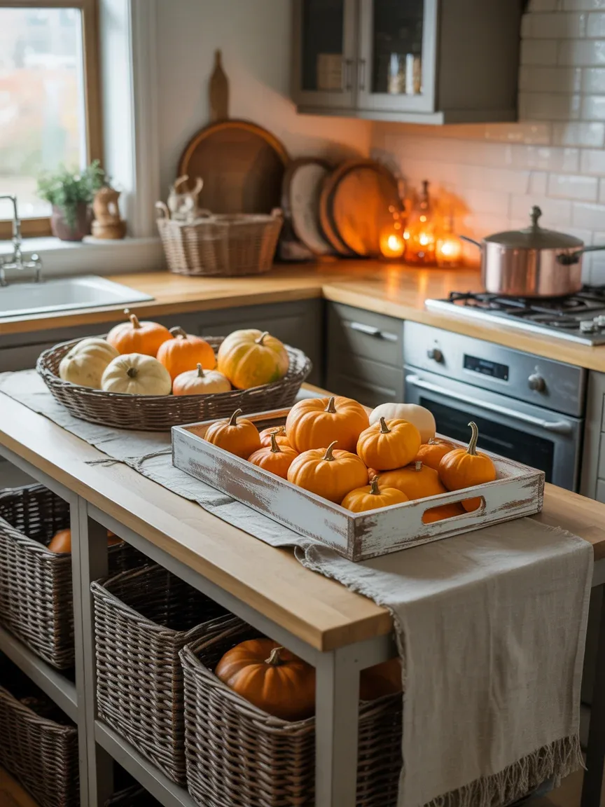 1. Rustic Farmhouse Island With Layered Pumpkins 1. Rustic Farmhouse Island With Layered Pumpkins