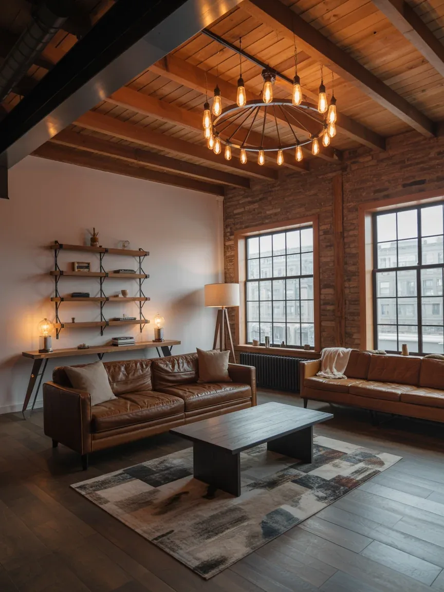 16. Rustic Farmhouse Loft With Edison Bulb Chandelier 16. Rustic Farmhouse Loft With Edison Bulb Chandelier