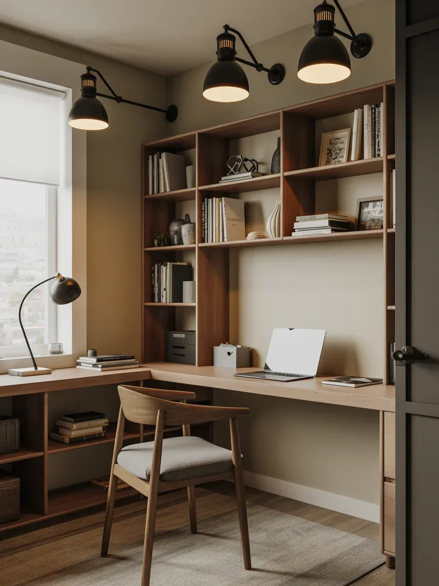 9. Rustic Home Office With Adjustable Barn Lights 9. Rustic Home Office With Adjustable Barn Lights