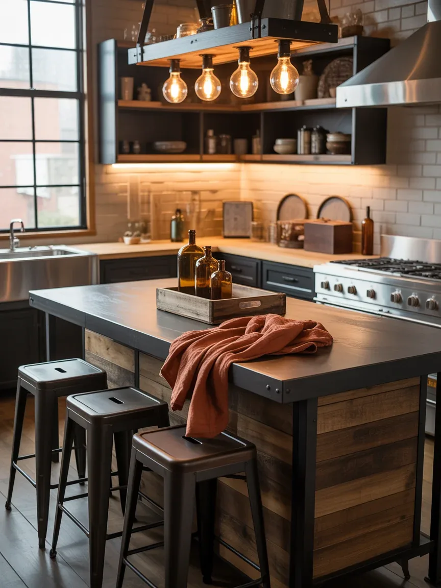 16. Rustic Industrial Island With Warm Autumn Contrast 16. Rustic Industrial Island With Warm Autumn Contrast